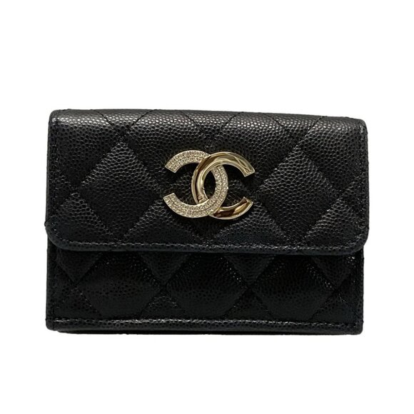 Auth CHANEL Matelasse AP4173 Black Grained Calfskin Trifold Wallet Gold hardware - Picture 1 of 11